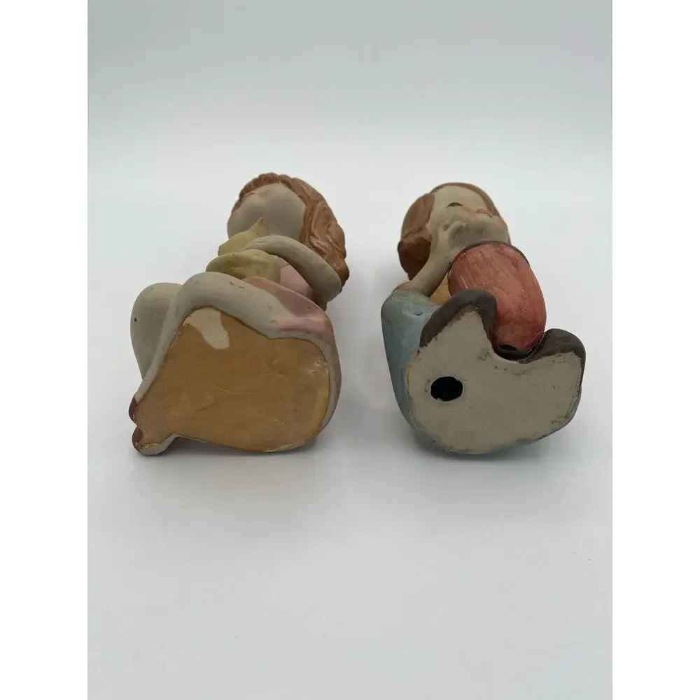 Vintage 1970s Ceramic Boy & Girl Figurine Cat Drum Set of 2